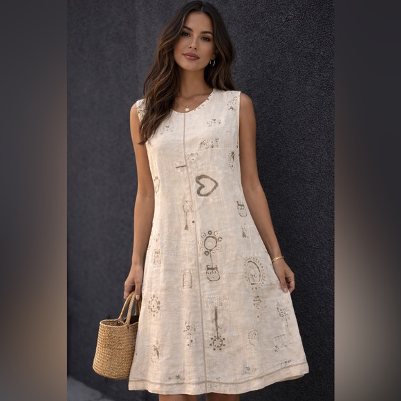 Garron Dresses & Skirts - Garron Linen Heart Dress Sleeveless in Cream & Tan MEDIUM